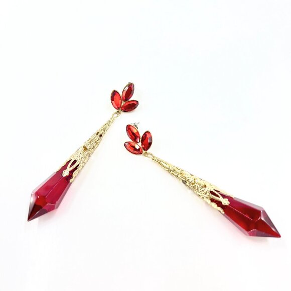 NWT – Charming Charlie – Red Jeweled Drop Glass Dangle Gold Tone 3.5” Earrings - Picture 1 of 8